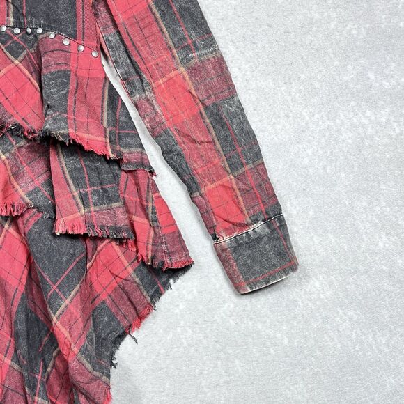 Zara Shirt Womens Medium Red & Black Plaid Button Up High Low Stud Accent Ruffle - Picture 5 of 11